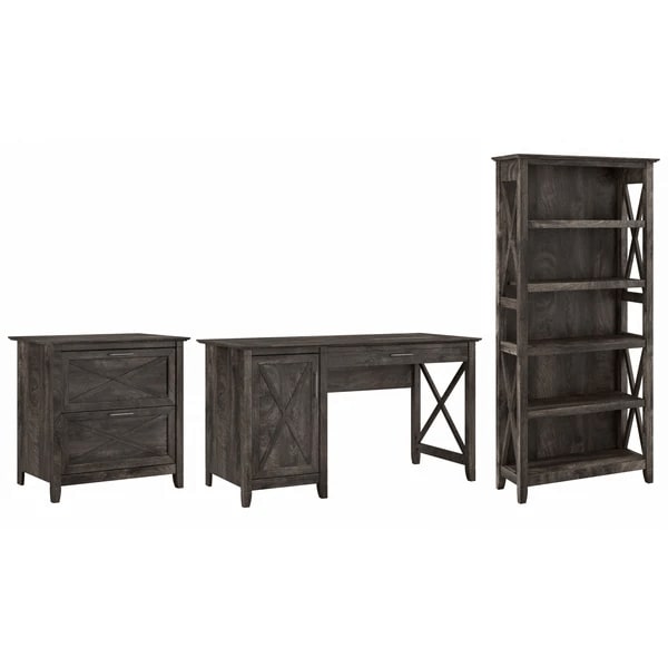 West style desk with drawer file cabinet and 5 shelf bookcase highlight dark gray hickory