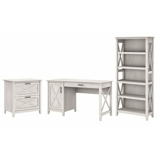 West style desk with drawer file cabinet and 5 shelf bookcase highlight linen white oak