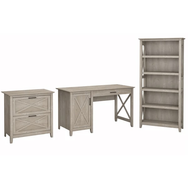 West style desk with drawer file cabinet and 5 shelf bookcase highlight washed gray
