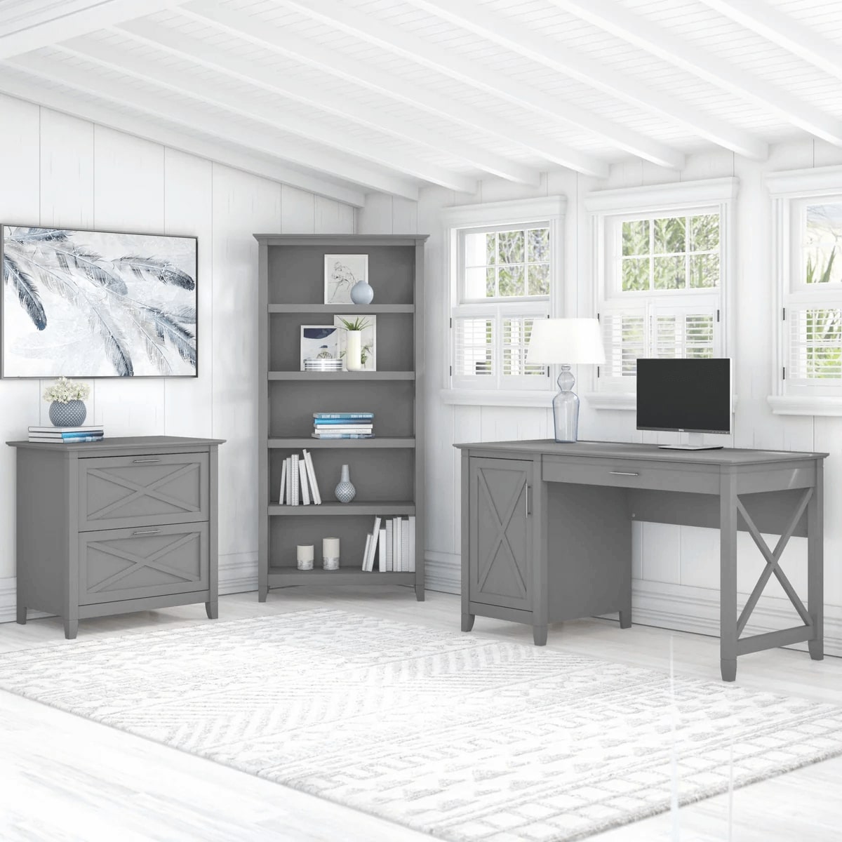 West style desk with drawer file cabinet and 5 shelf bookcase space view cape cod gray