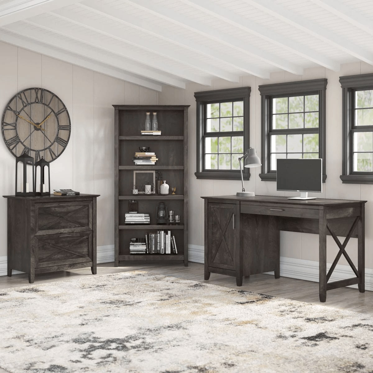 West style desk with drawer file cabinet and 5 shelf bookcase space view dark gray hickory