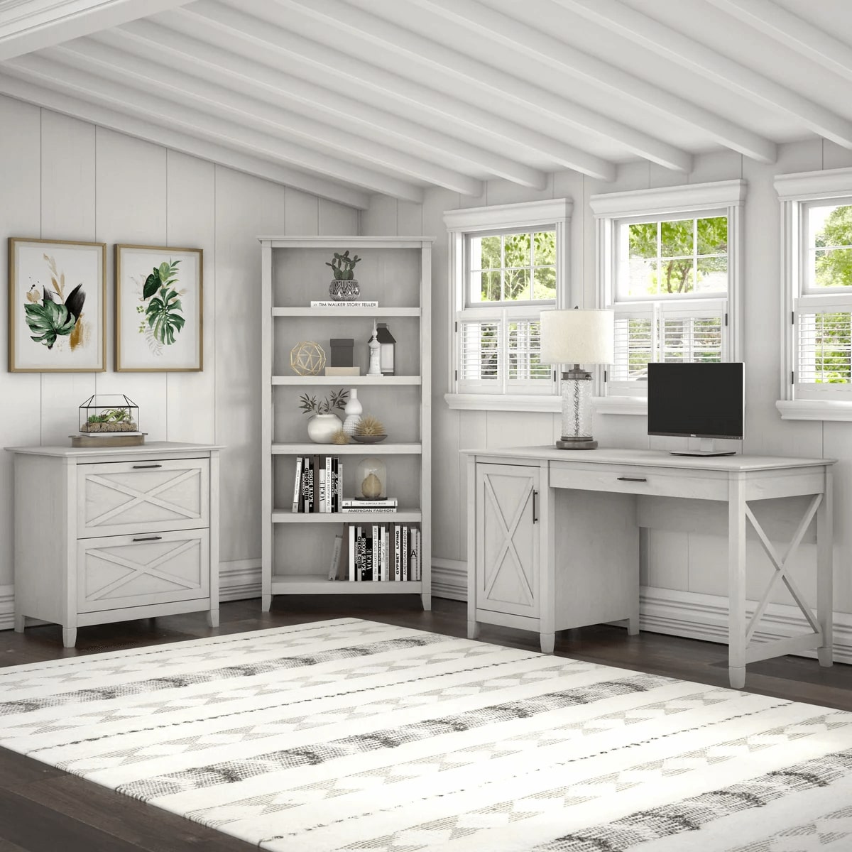 West style desk with drawer file cabinet and 5 shelf bookcase space view linen white oak