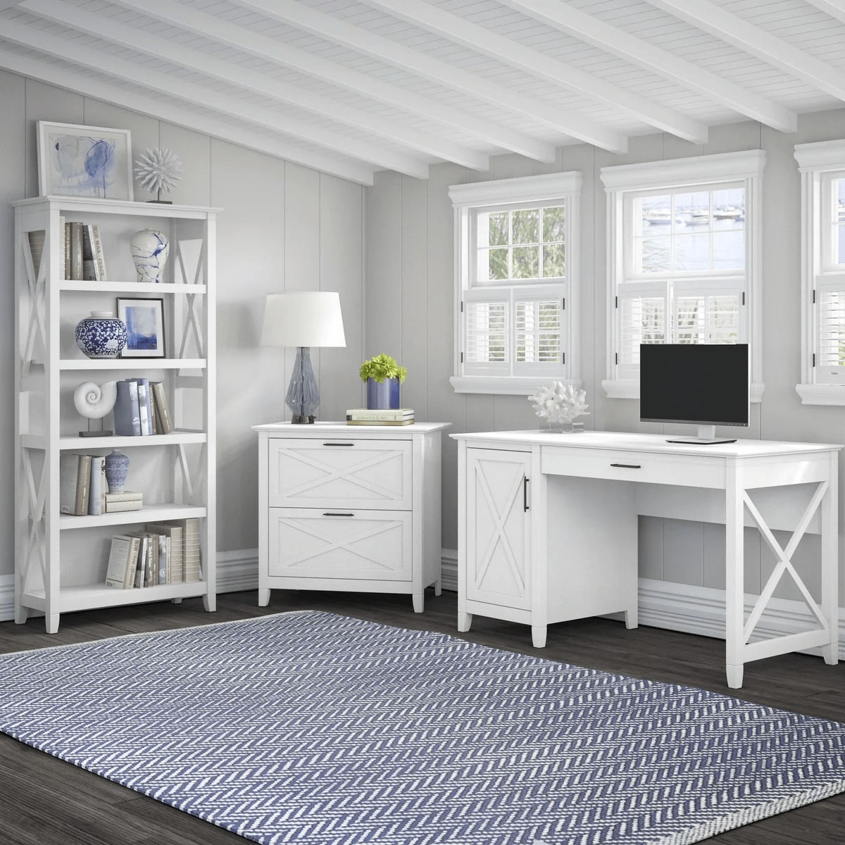 West style desk with drawer file cabinet and 5 shelf bookcase space view pure white oak