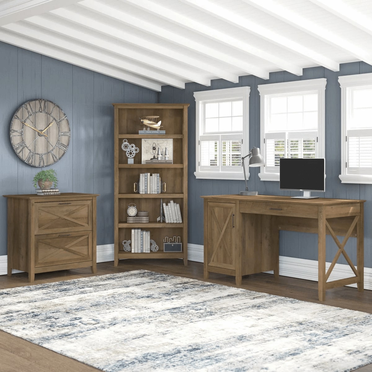 West style desk with drawer file cabinet and 5 shelf bookcase space view reclaimed pine