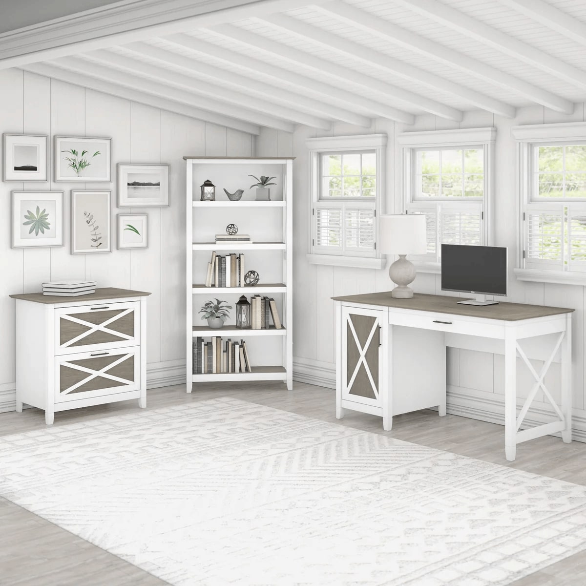 West style desk with drawer file cabinet and 5 shelf bookcase space view shiplap gray pure white