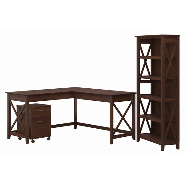 Western l shaped desk with 5 shelf wooden bookcase highlight bing cherry