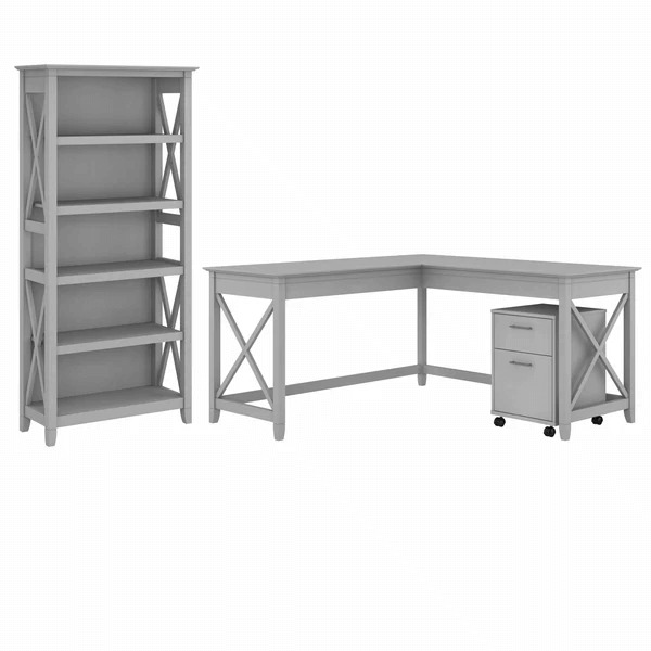 Western l shaped desk with 5 shelf wooden bookcase highlight cape cod gray