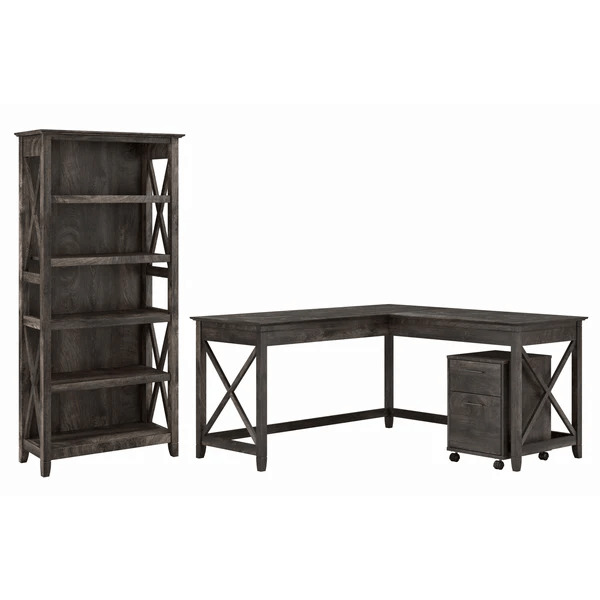 Western l shaped desk with 5 shelf wooden bookcase highlight dark gray hickory