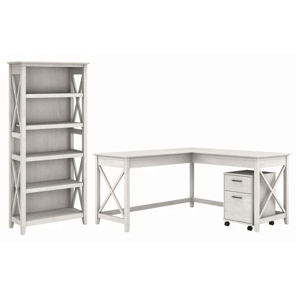 Western l shaped desk with 5 shelf wooden bookcase highlight linen white oak