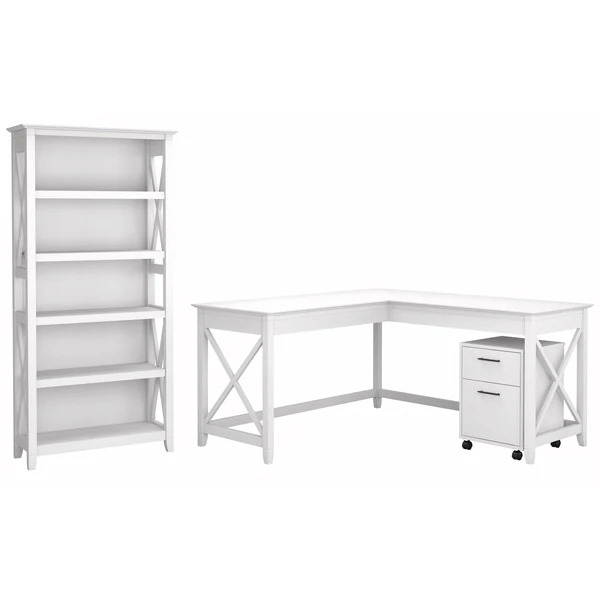 Western l shaped desk with 5 shelf wooden bookcase highlight pure white oak