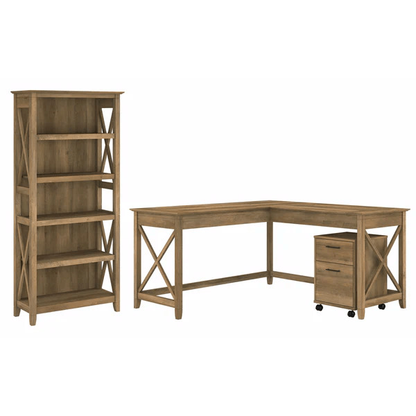 Western l shaped desk with 5 shelf wooden bookcase highlight reclaimed pine