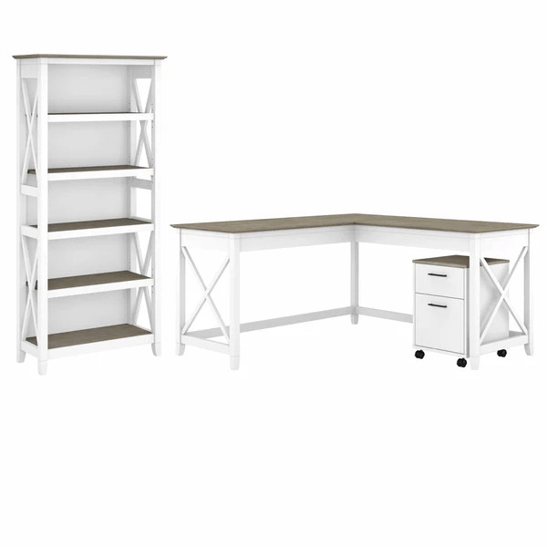 Western l shaped desk with 5 shelf wooden bookcase highlight shiplap gray pure white