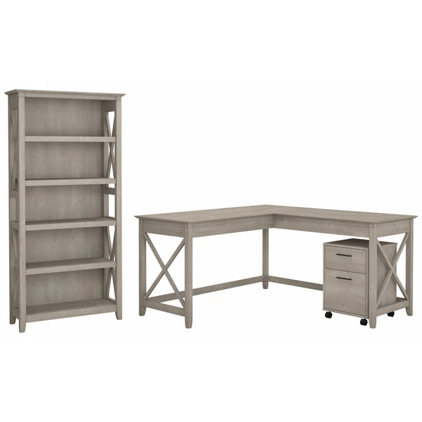 Western l shaped desk with 5 shelf wooden bookcase highlight washed gray