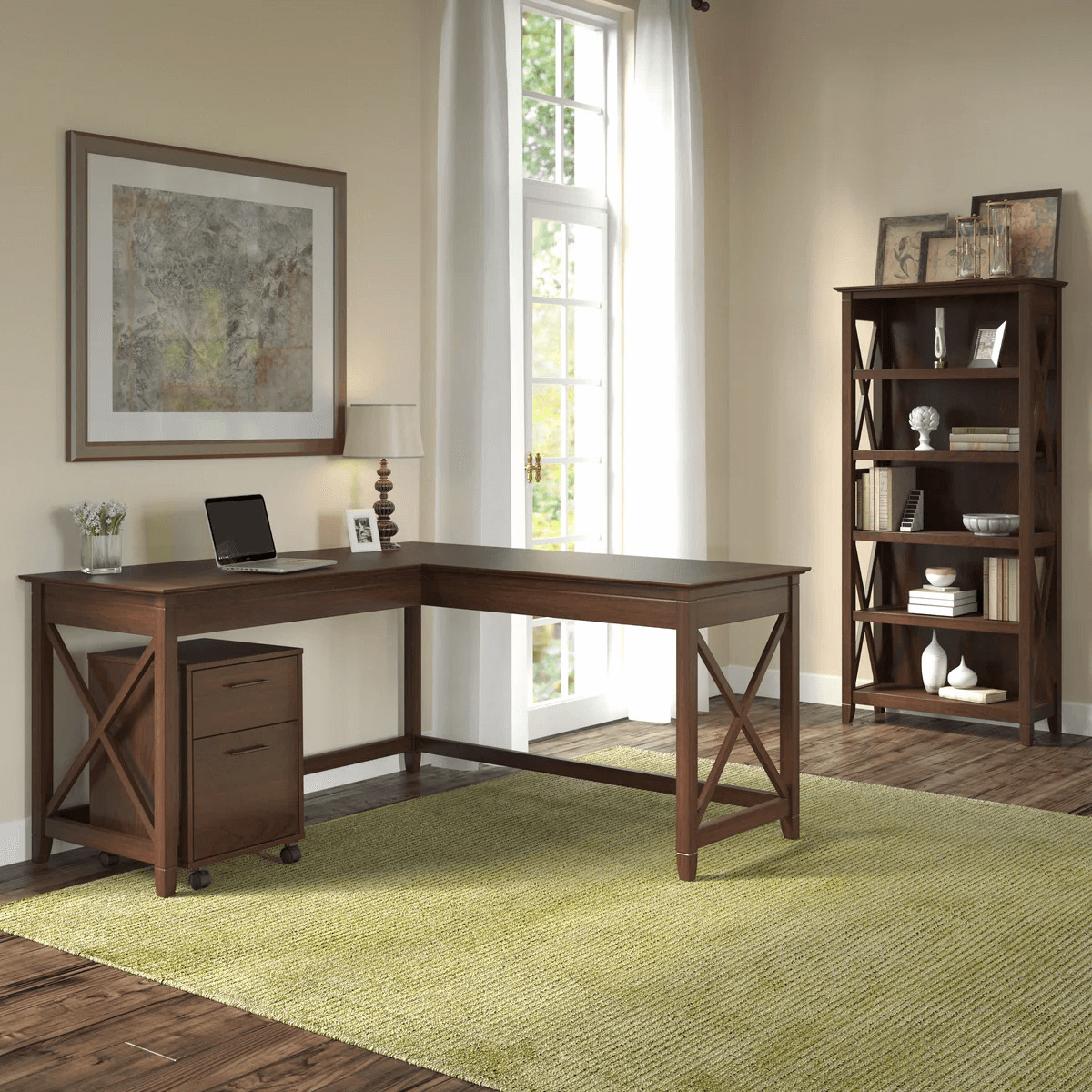 Western l shaped desk with 5 shelf wooden bookcase space view bing cherry