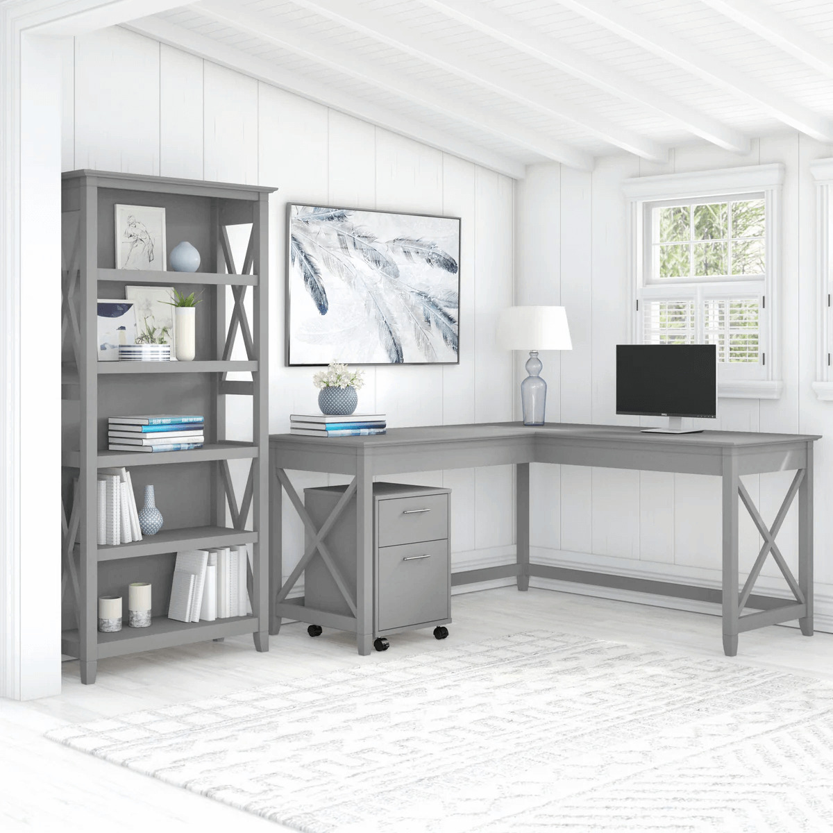 Western l shaped desk with 5 shelf wooden bookcase space view cape cod gray