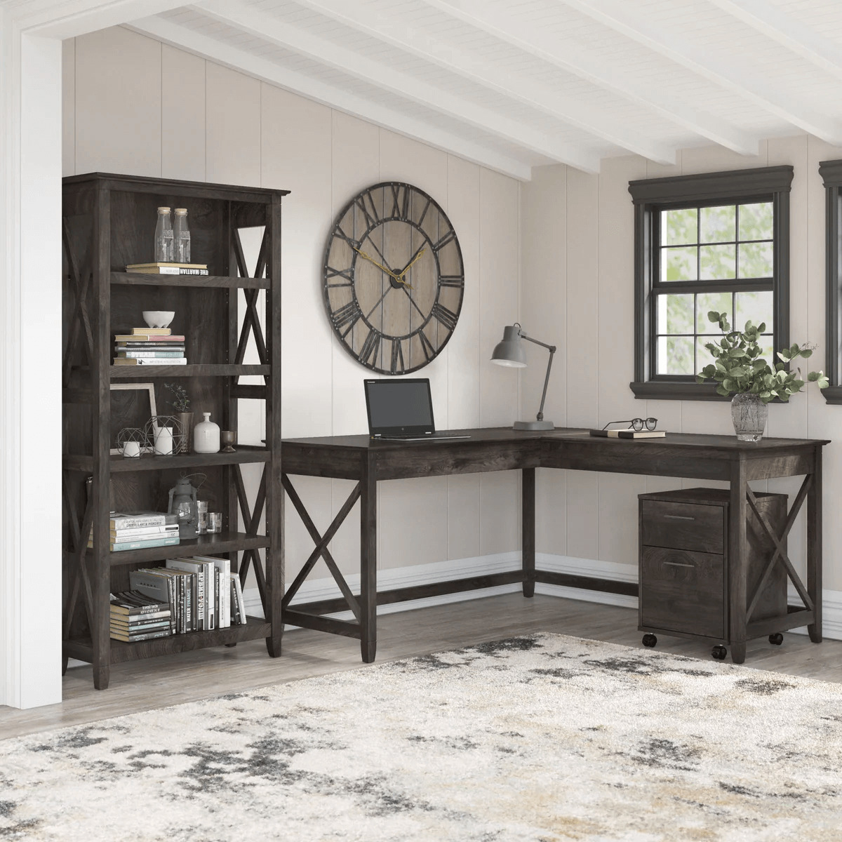 Western l shaped desk with 5 shelf wooden bookcase space view dark gray hickory