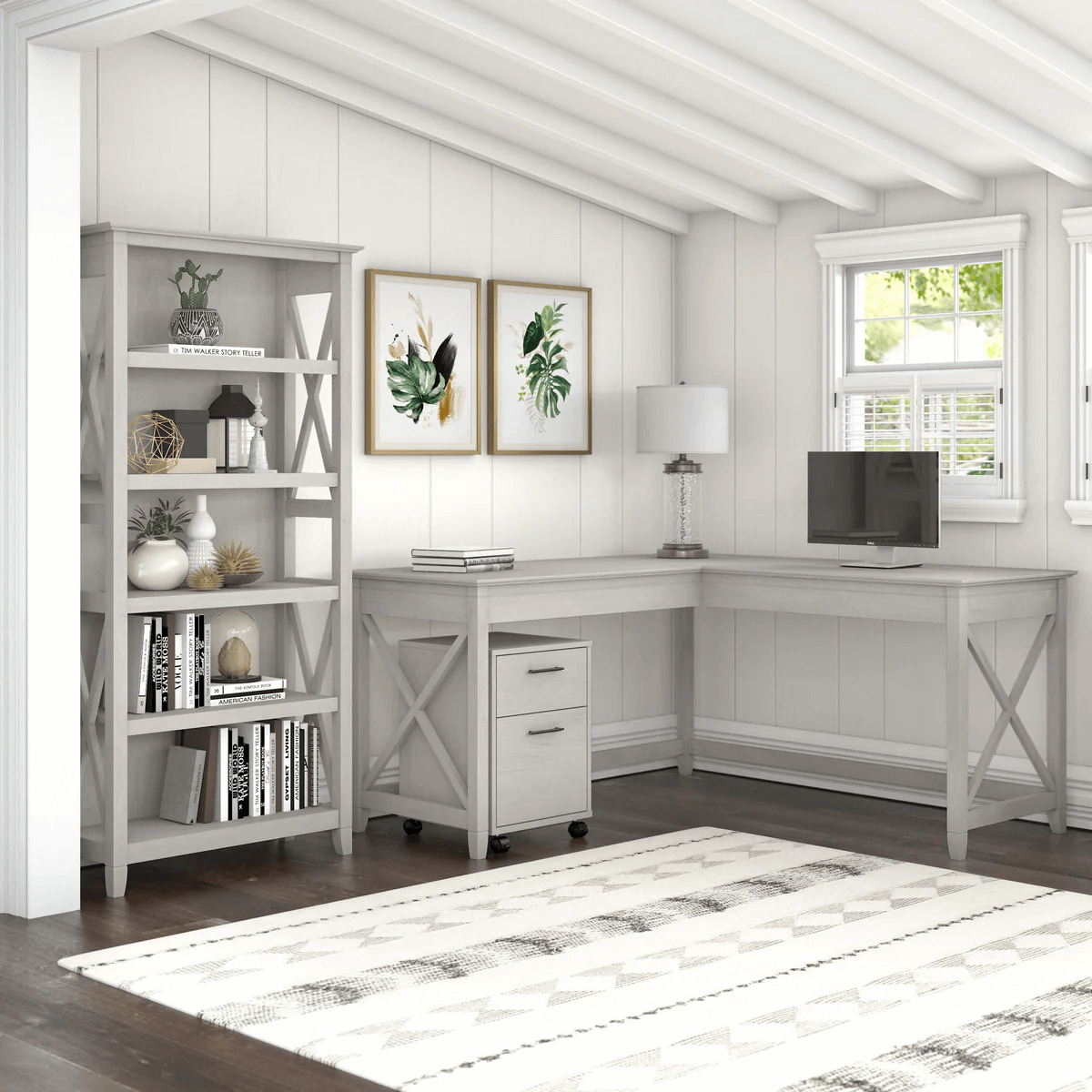 Western l shaped desk with 5 shelf wooden bookcase space view linen white oak