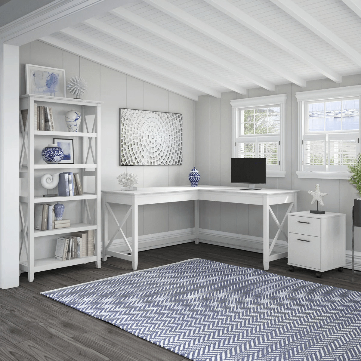 Western l shaped desk with 5 shelf wooden bookcase space view pure white oak