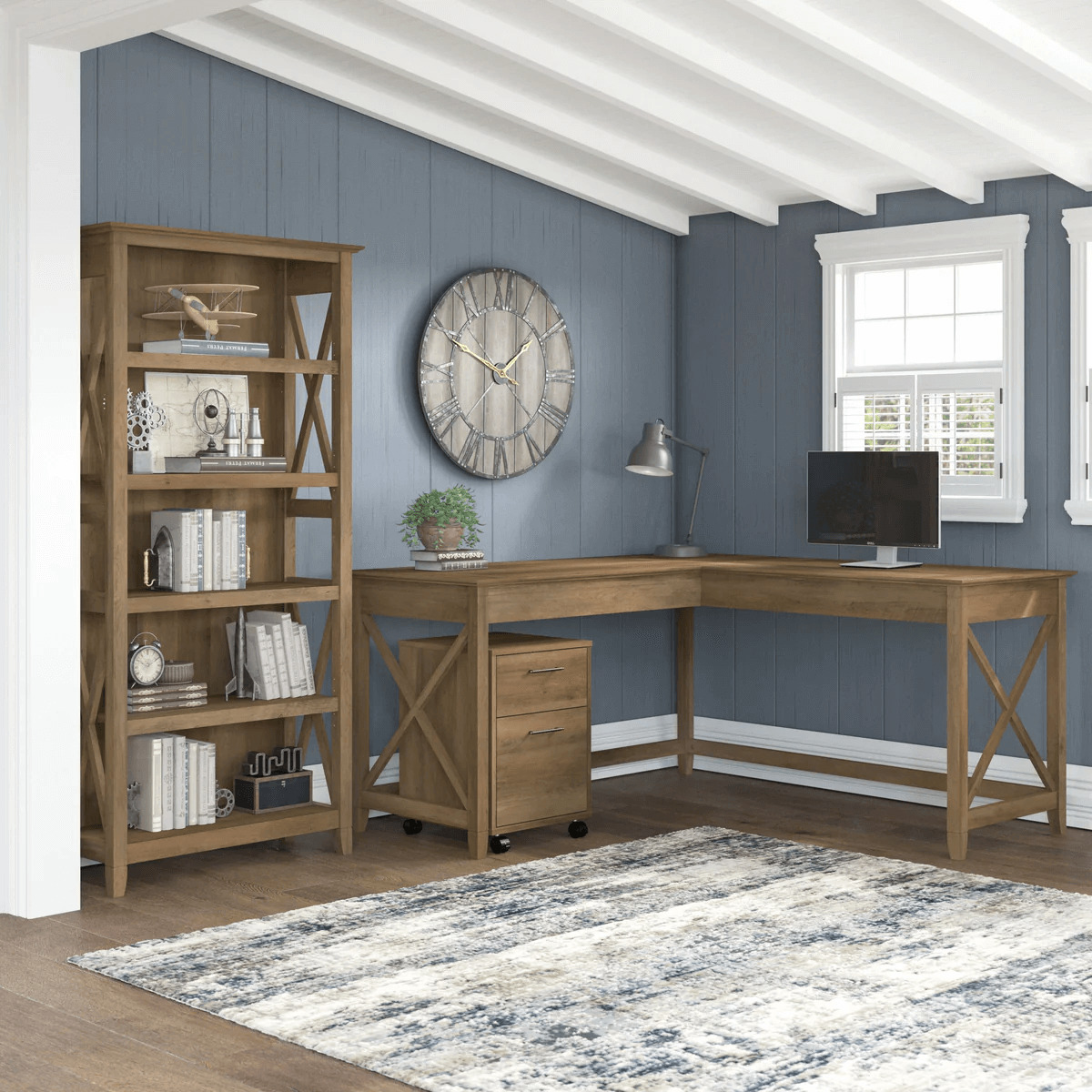 Western l shaped desk with 5 shelf wooden bookcase space view reclaimed pine