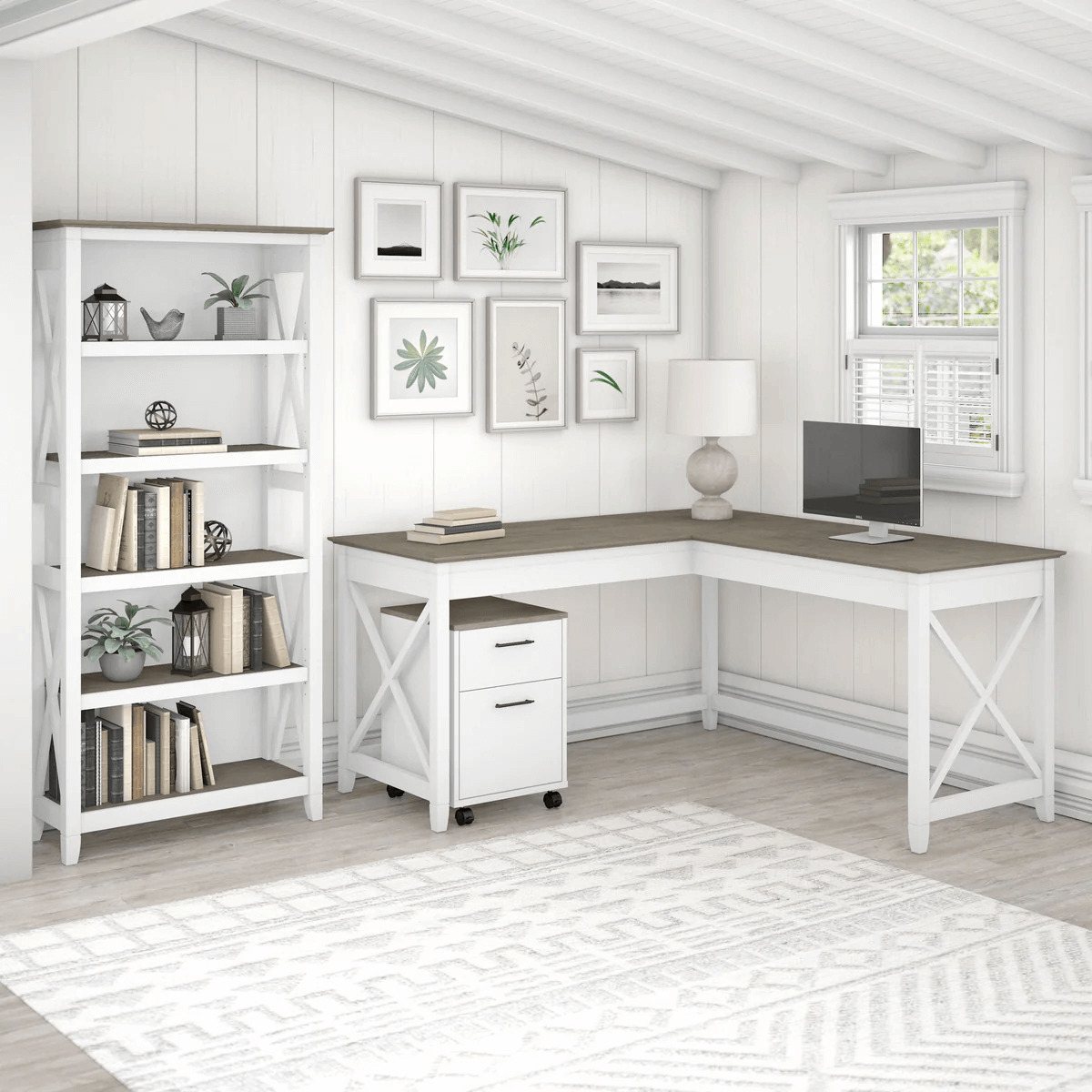 Western l shaped desk with 5 shelf wooden bookcase space view shiplap gray pure white
