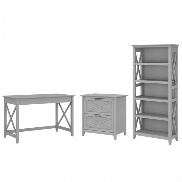 Western style desk with drawer lateral file cabinet and 5 shelf bookcase highlight cape cod gray