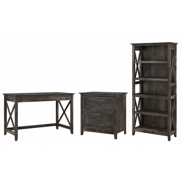 Western style desk with drawer lateral file cabinet and 5 shelf bookcase highlight dark gray hickory