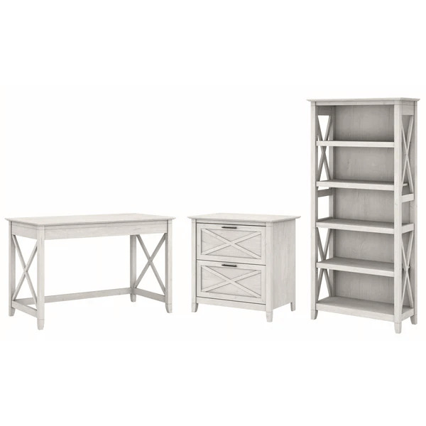 Western style desk with drawer lateral file cabinet and 5 shelf bookcase highlight linen white oak