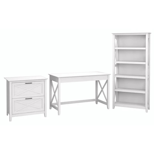 Western style desk with drawer lateral file cabinet and 5 shelf bookcase highlight pure white oak
