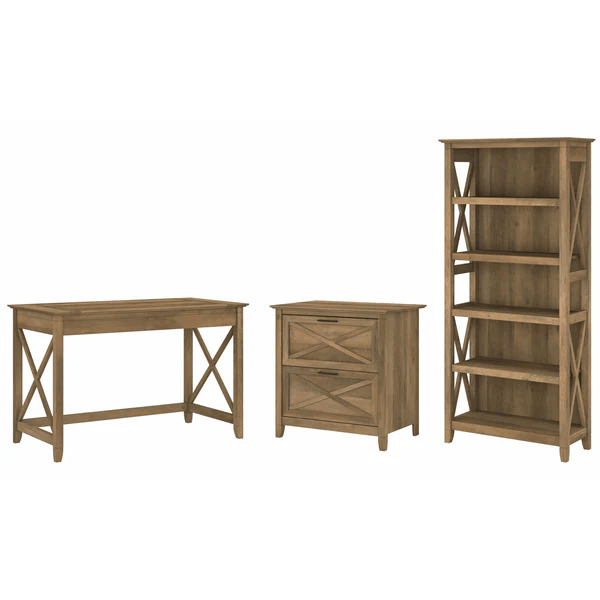 Western style desk with drawer lateral file cabinet and 5 shelf bookcase highlight reclaimed pine