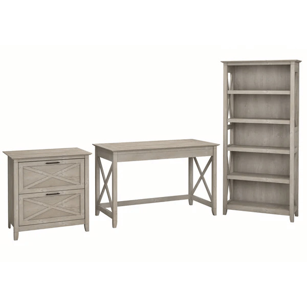 Western style desk with drawer lateral file cabinet and 5 shelf bookcase highlight washed gray