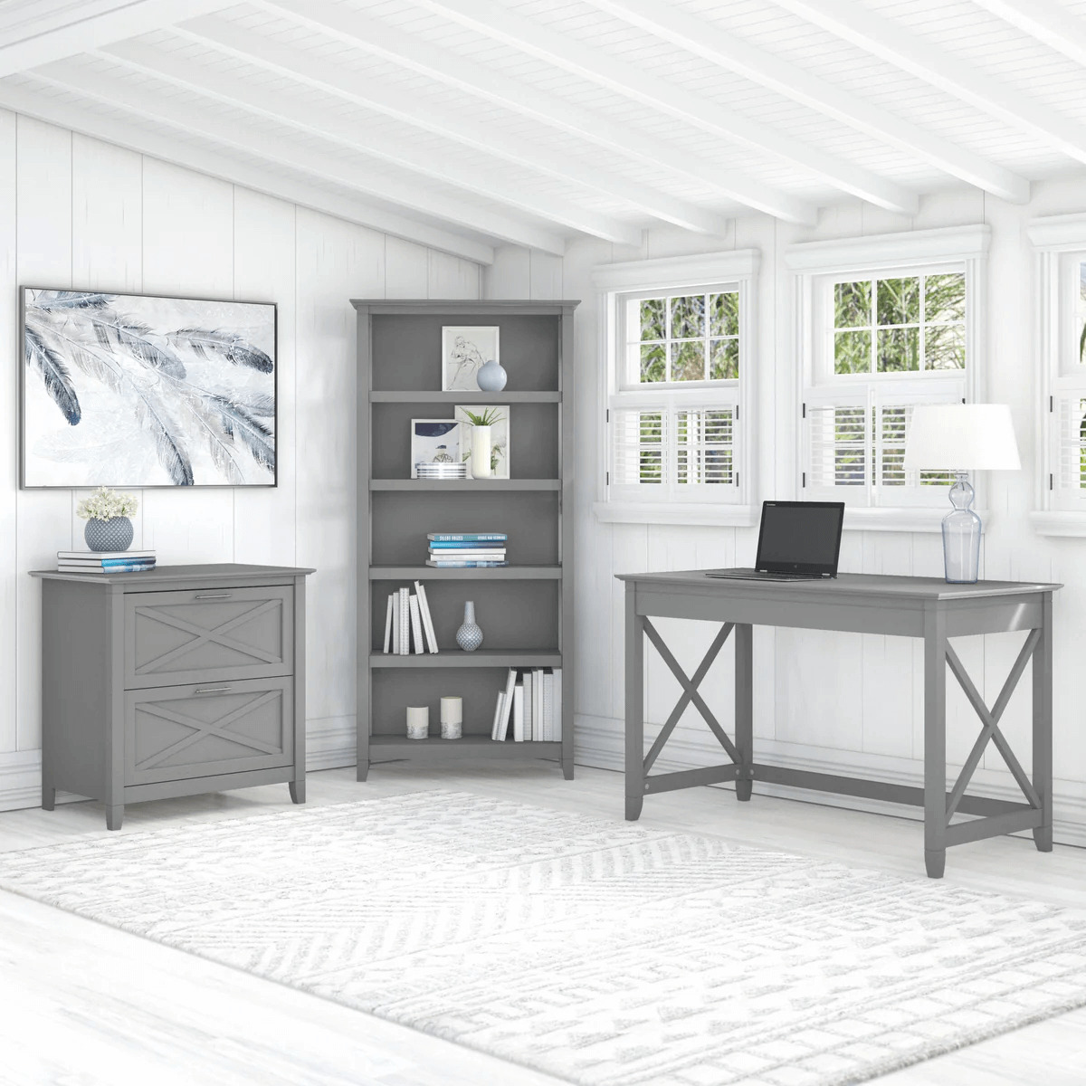 Western style desk with drawer lateral file cabinet and 5 shelf bookcase space view cape cod gray