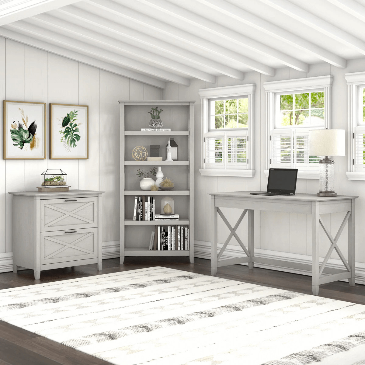 Western style desk with drawer lateral file cabinet and 5 shelf bookcase space view linen white oak