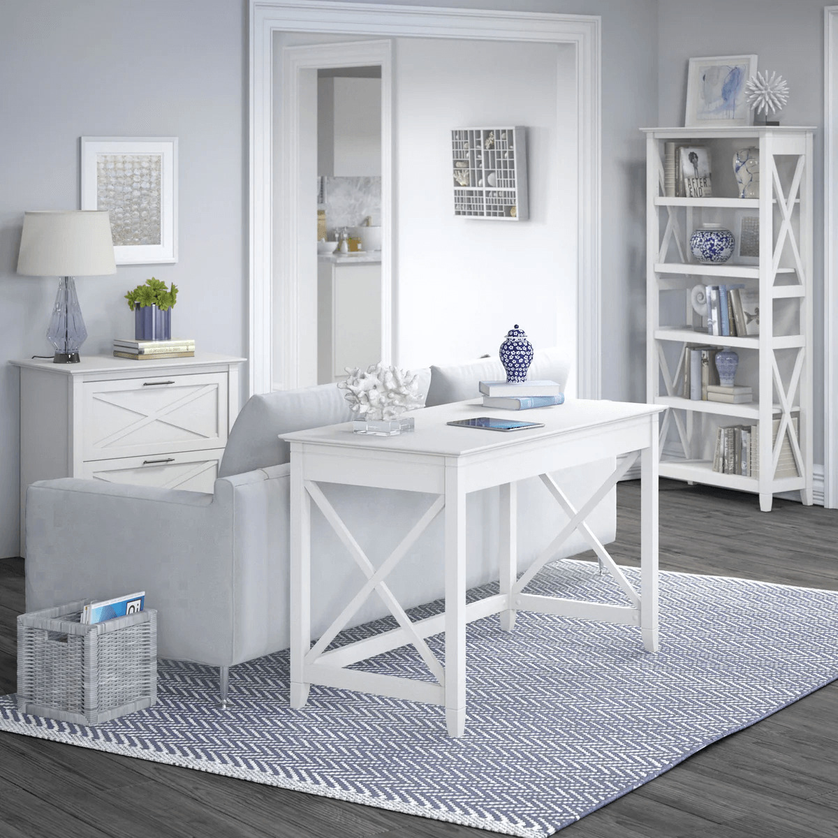 Western style desk with drawer lateral file cabinet and 5 shelf bookcase space view pure white oak