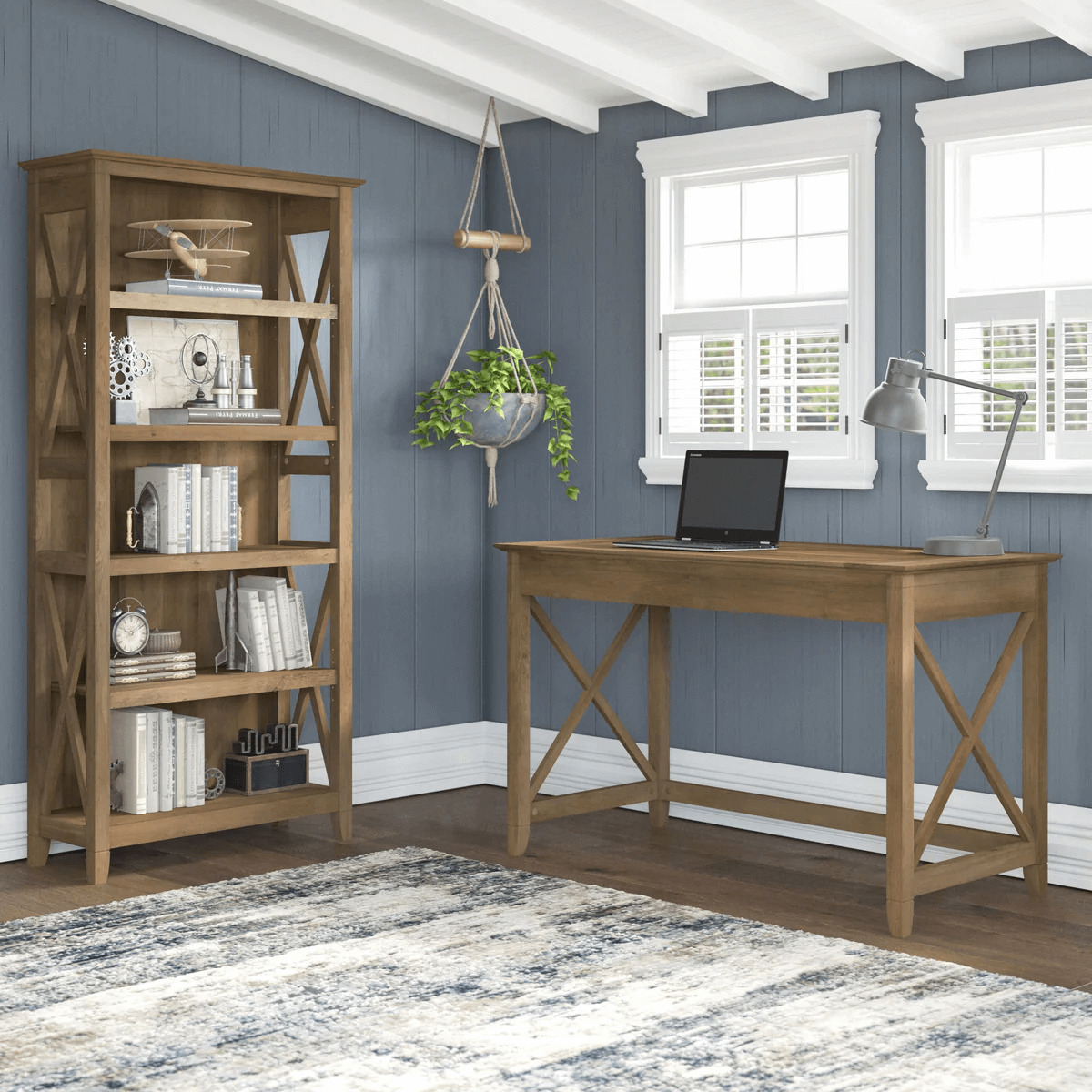 Western style desk with drawer lateral file cabinet and 5 shelf bookcase space view reclaimed pine