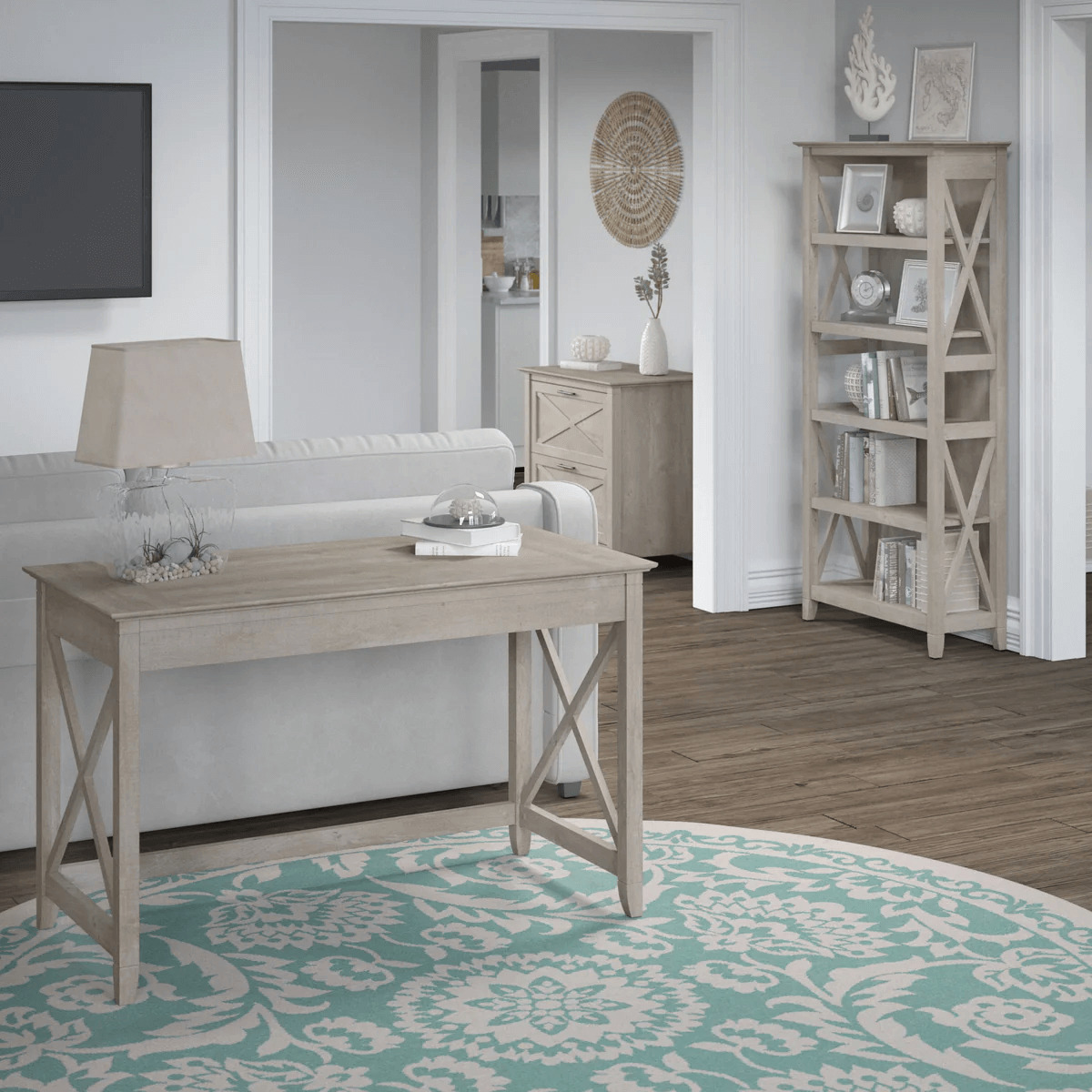 Western style desk with drawer lateral file cabinet and 5 shelf bookcase space view washed gray