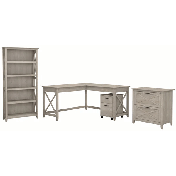 Western style office desk 5 shelf open bookcase highlight washed gray
