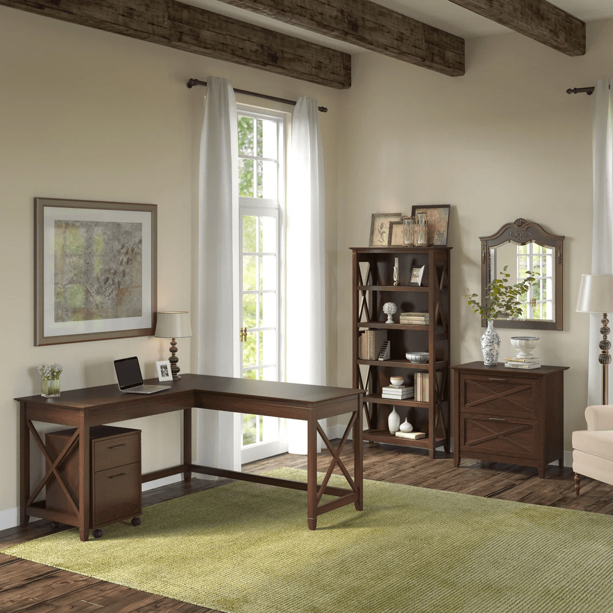 Western style office desk 5 shelf open bookcase space view bing cherry