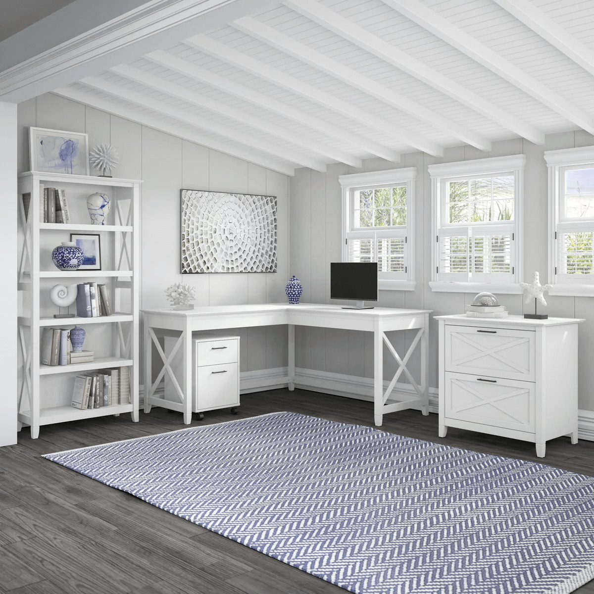 Western style office desk 5 shelf open bookcase space view pure white oak