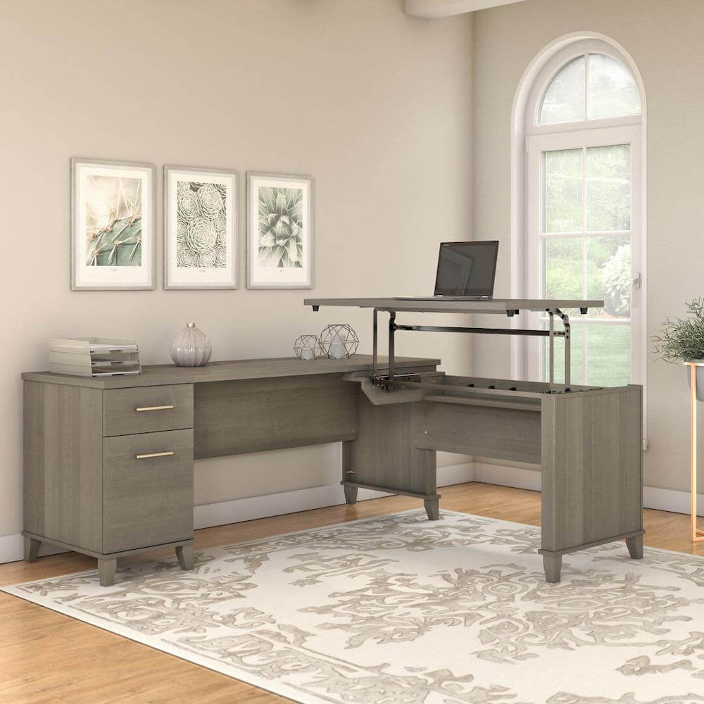 Sit and stand desk sit and stand corner desk l shaped height adjustable desk ash gray space view