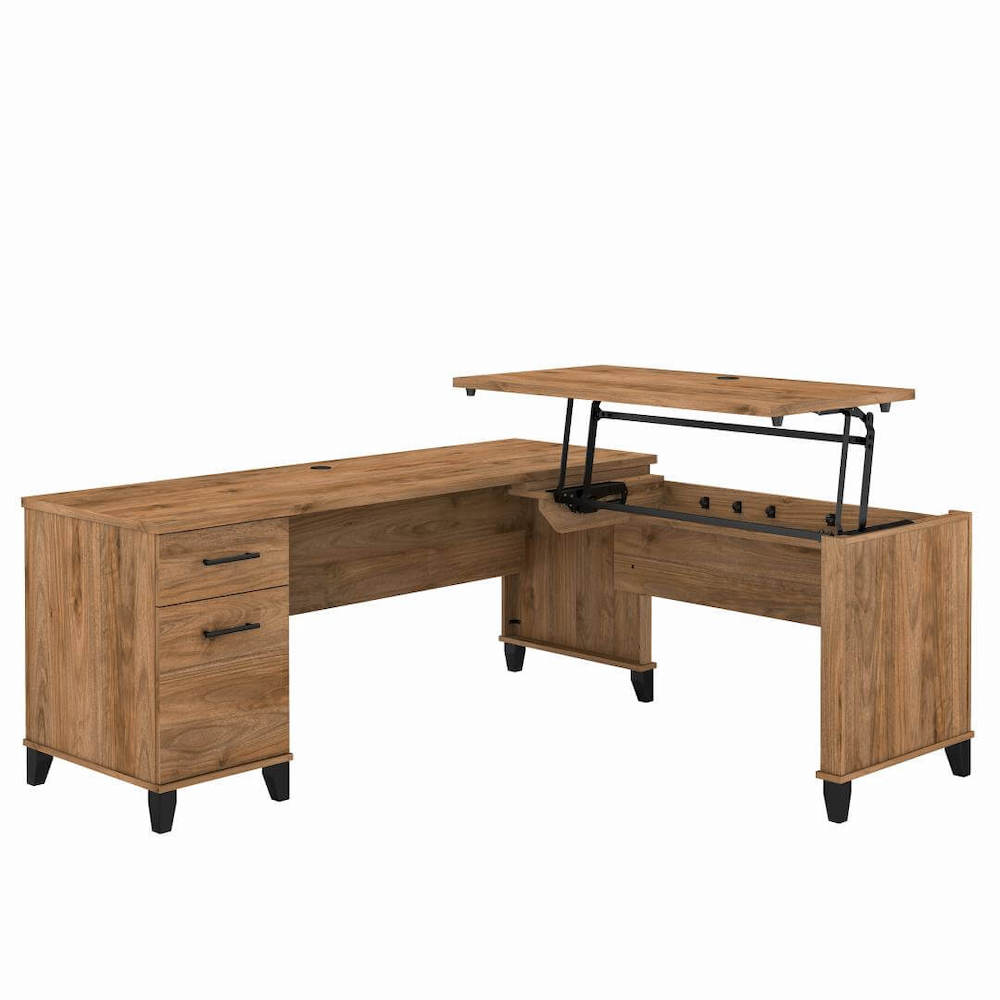 Sit and stand desk sit and stand corner desk l shaped height adjustable desk fresh walnut angle view