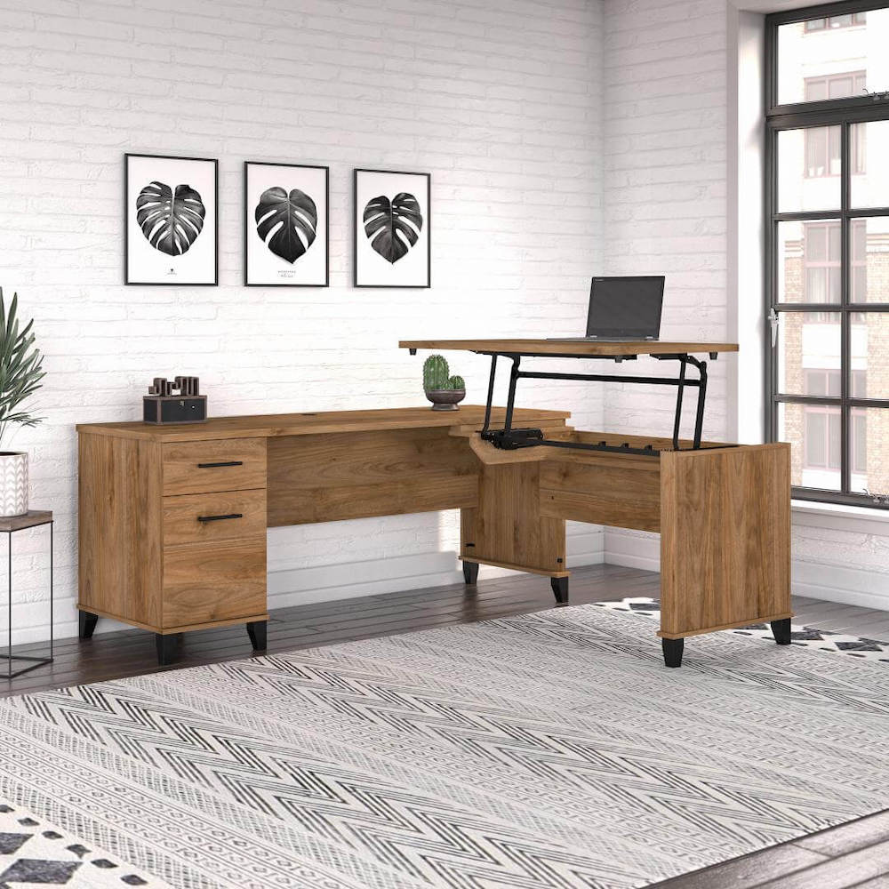 Sit and stand desk sit and stand corner desk l shaped height adjustable desk fresh walnut space view