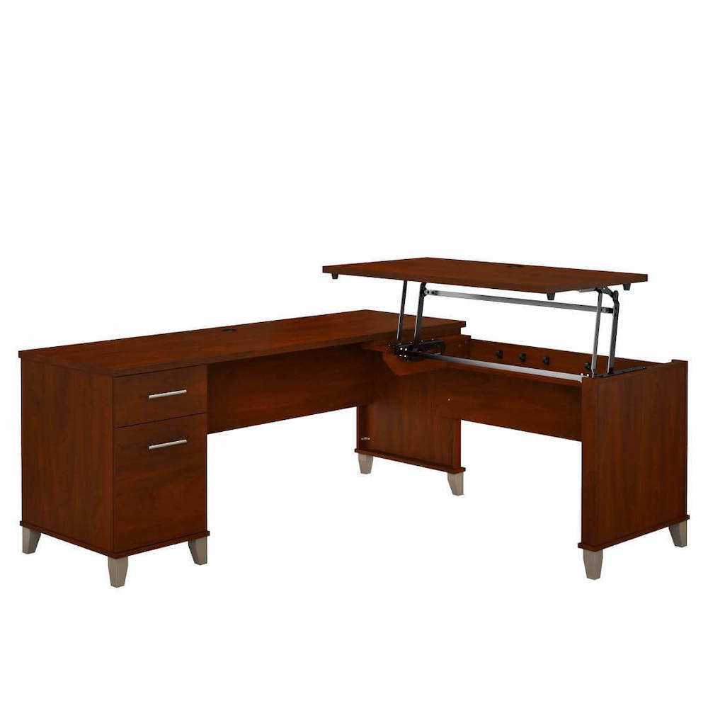Sit and stand desk sit and stand corner desk l shaped height adjustable desk hansen cherry angle view