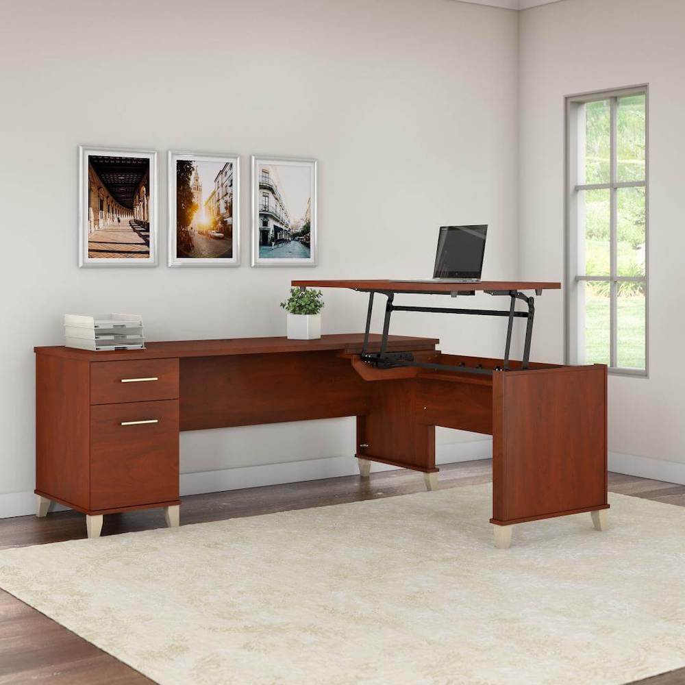 Sit and stand desk sit and stand corner desk l shaped height adjustable desk hansen cherry space view
