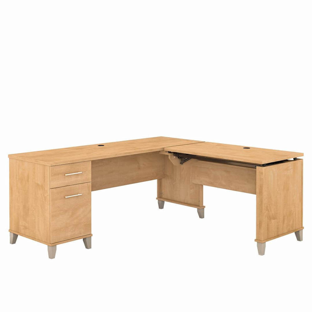 Sit and stand desk sit and stand corner desk l shaped height adjustable desk maple cross close angle view