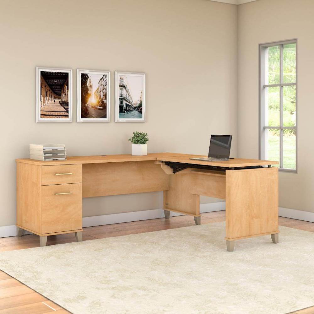 Sit and stand desk sit and stand corner desk l shaped height adjustable desk maple cross close space view