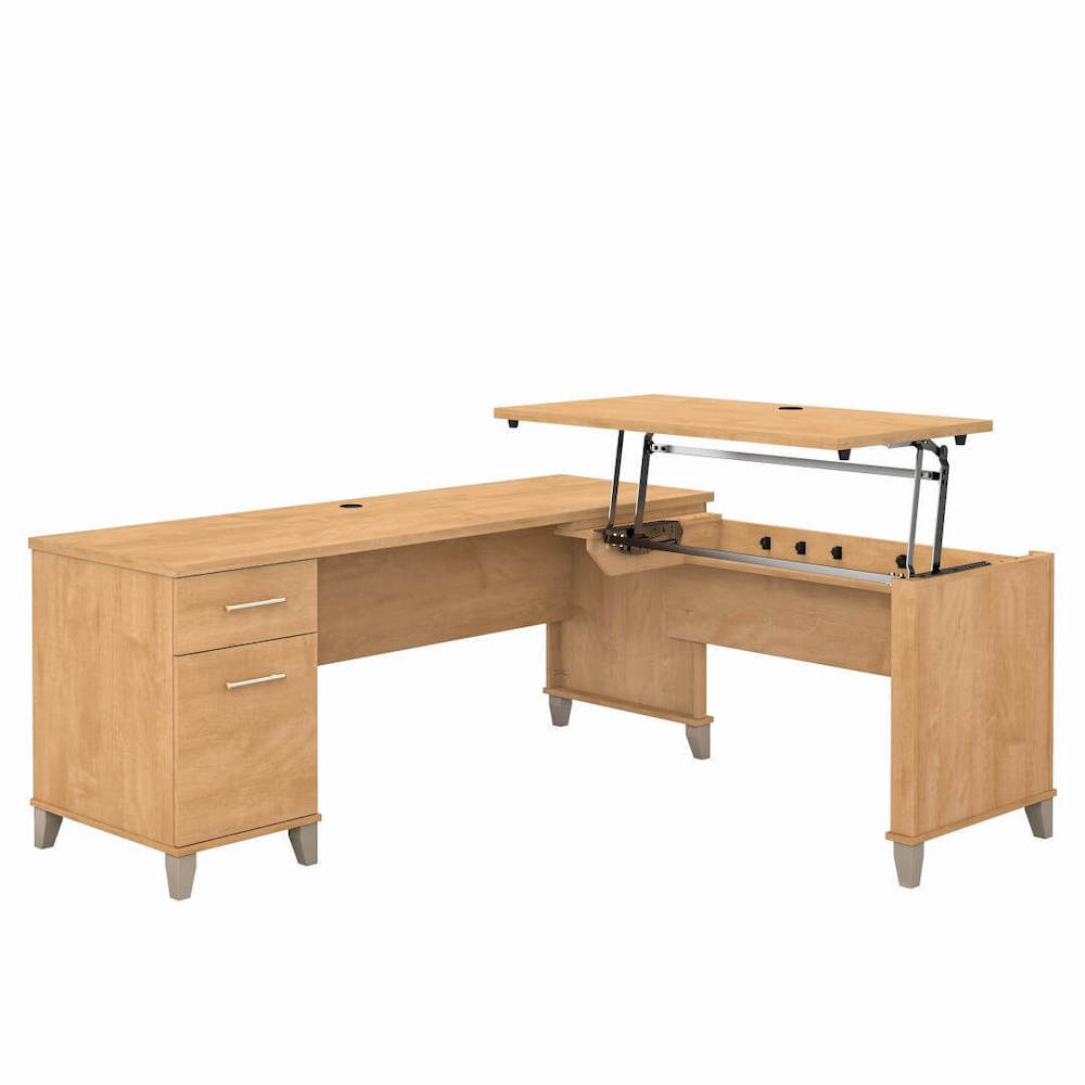 Sit and stand desk sit and stand corner desk l shaped height adjustable desk maple cross open angle view