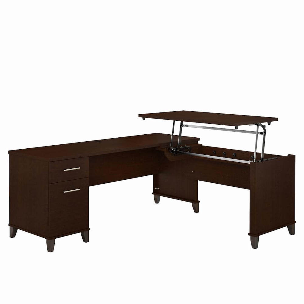 Sit and stand desk sit and stand corner desk l shaped height adjustable desk mocha cherry angle view