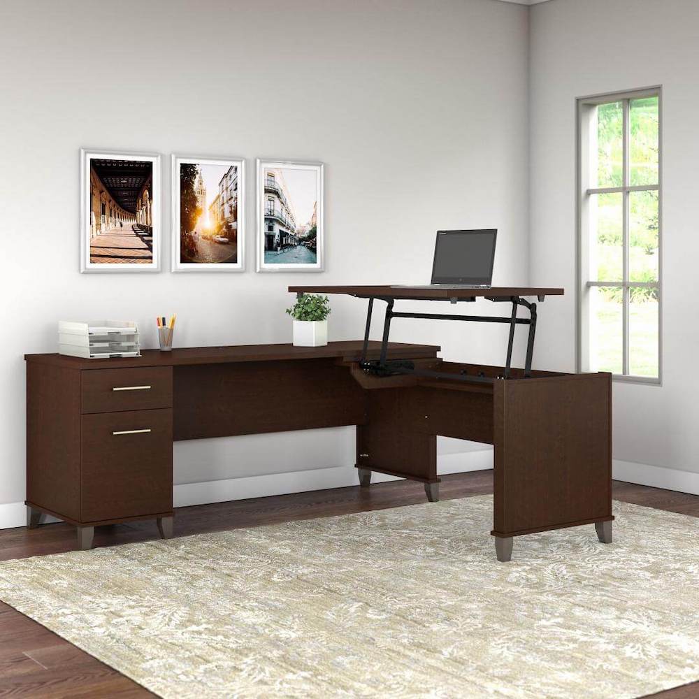 Sit and stand desk sit and stand corner desk l shaped height adjustable desk mocha chery space view