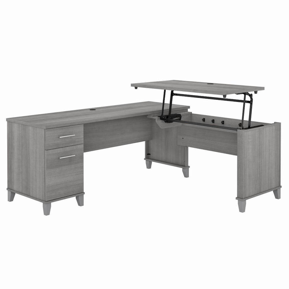 Sit and stand desk sit and stand corner desk l shaped height adjustable desk platinum gray angle view
