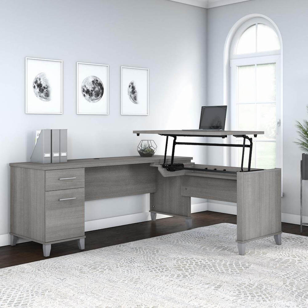 Sit and stand desk sit and stand corner desk l shaped height adjustable desk platinum gray space view